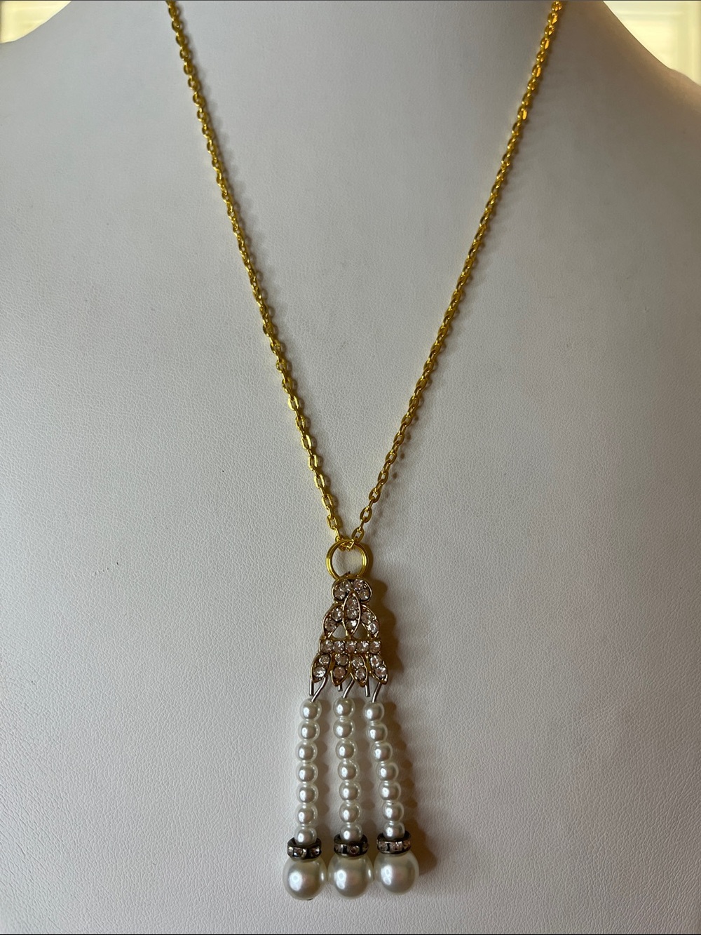 10/$10 Gold Pearl Tassel Necklace with Crystal Accents